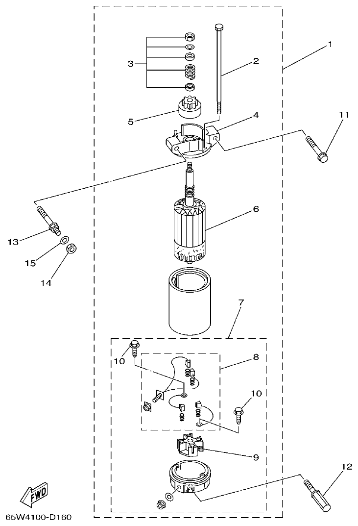 Yamaha F20A, F25A STARTING MOTOR parts diagram